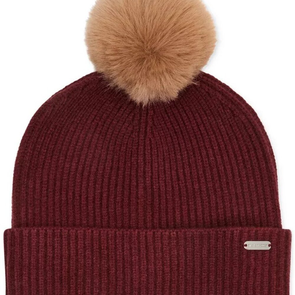 Steve Madden Women's Ribbed Furry Pom Pom Beanie Hat